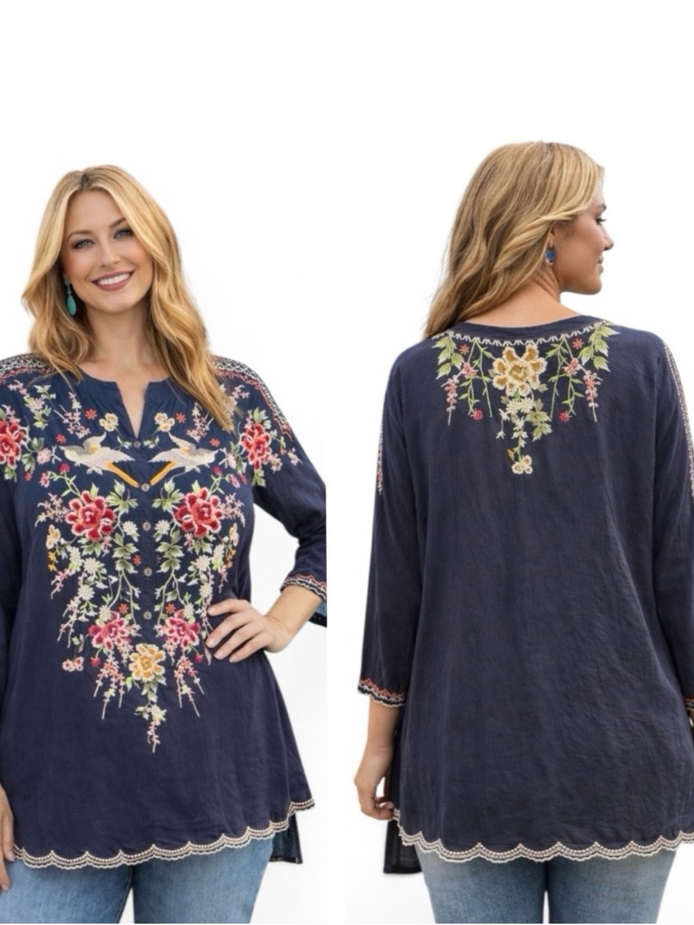 Johnny Was Navy Floral Embroidered Tunic
